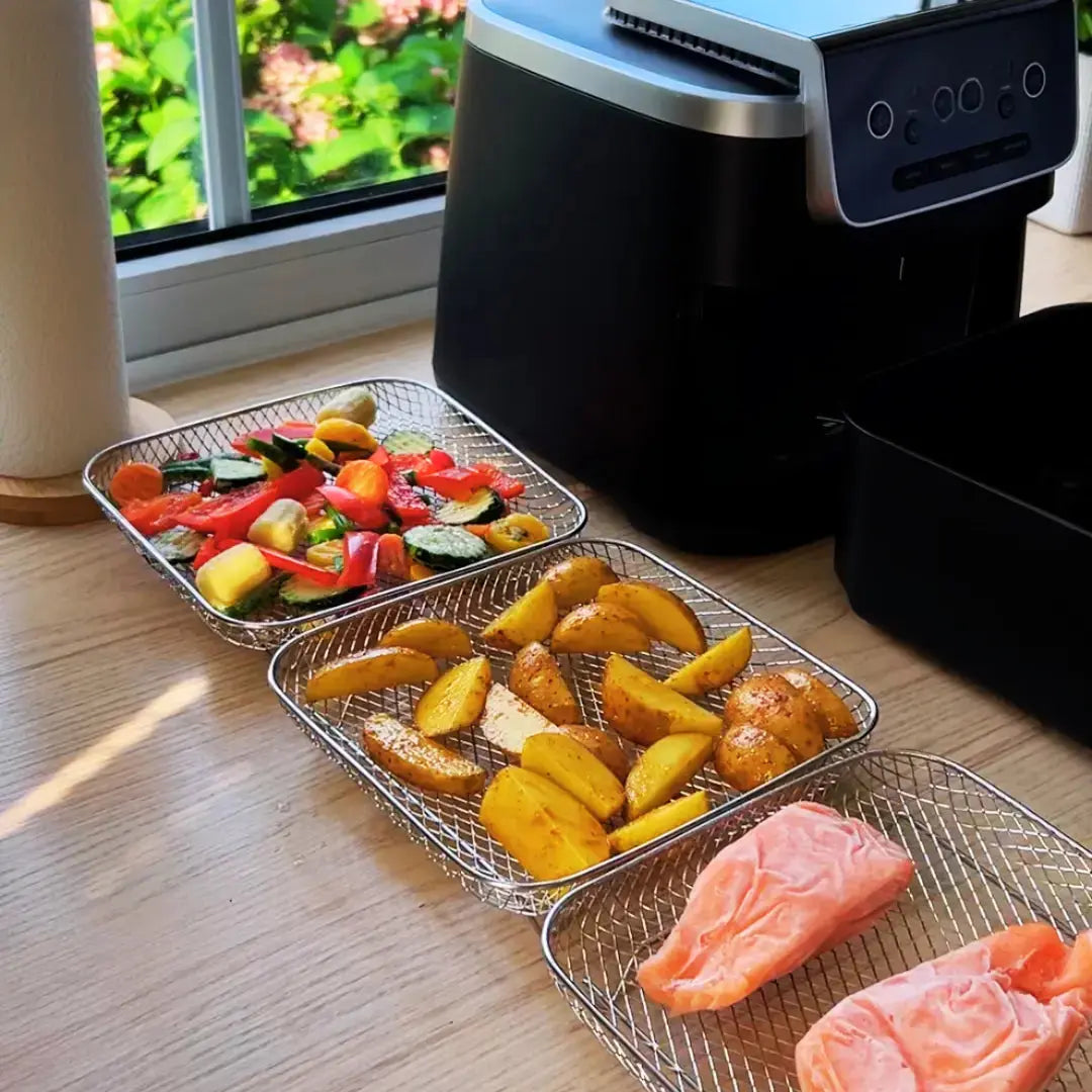 Stackable Air Fryer Basket – Food-Grade Stainless Steel, 3 Shapes, Universal Fit 2