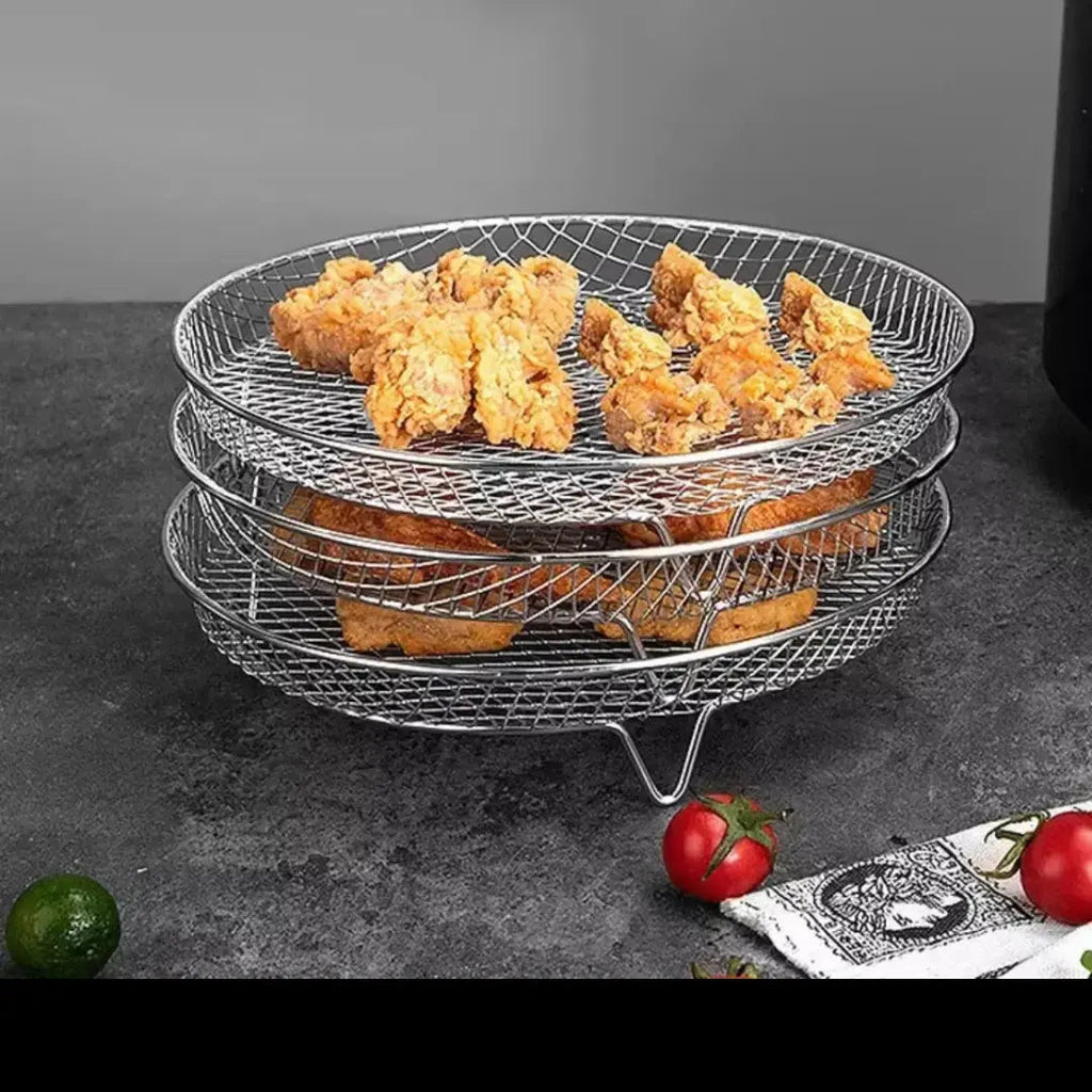 Stackable Air Fryer Basket – Food-Grade Stainless Steel, 3 Shapes, Universal Fit 6
