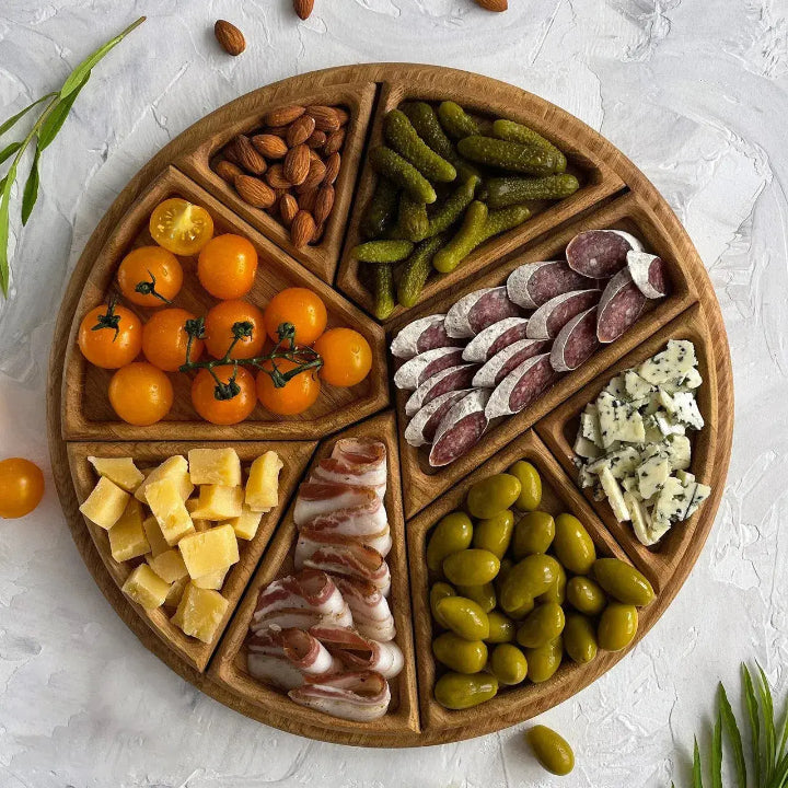 Wood Serving Tray – Round Design with 8 Removable Compartments, 25cm for Snacks and Appetizers 0