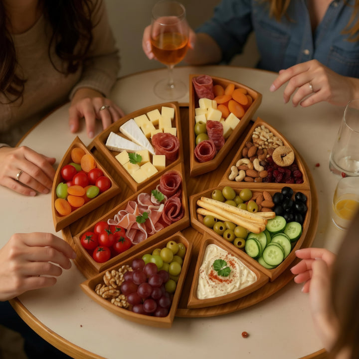 Wood Serving Tray – Round Design with 8 Removable Compartments, 25cm for Snacks and Appetizers 3