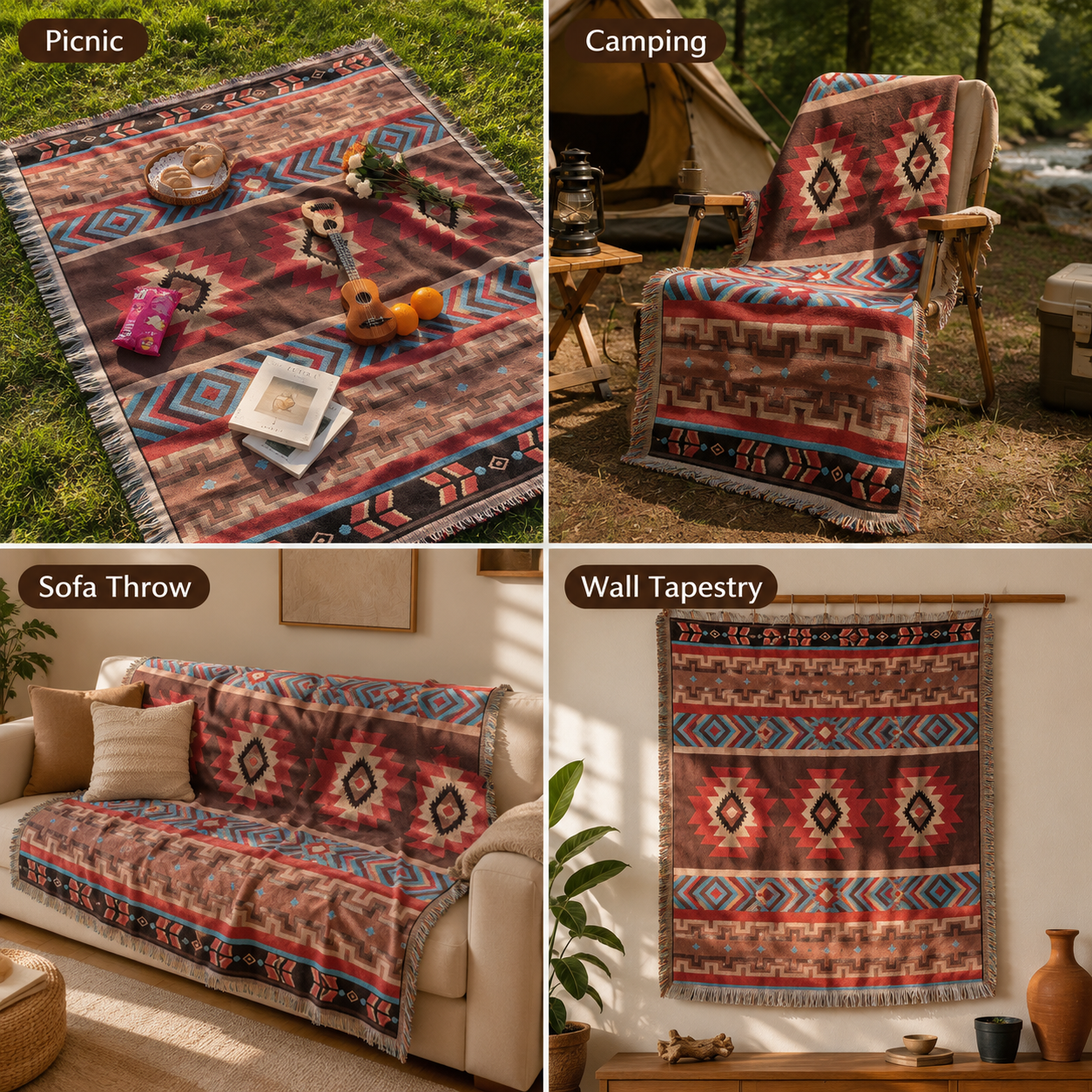 Boho Picnic & Camping Blanket – Outdoor Beach Tapestry Throw with Fringe