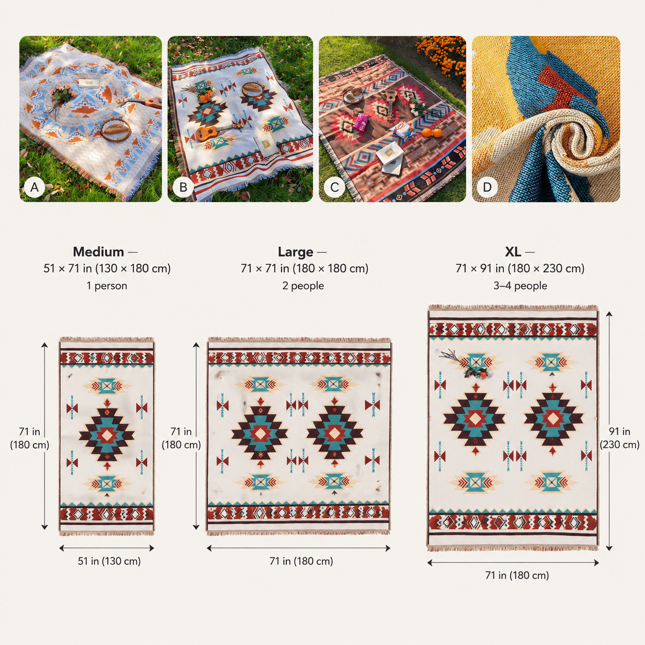 Boho Picnic & Camping Blanket – Outdoor Beach Tapestry Throw with Fringe