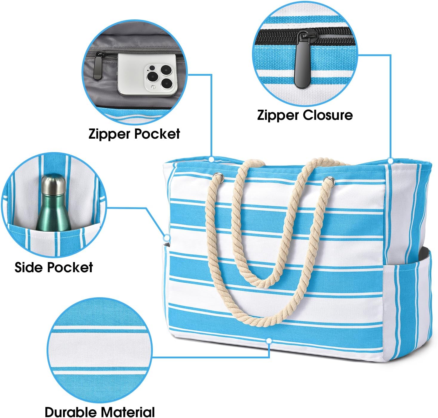 Beach Bag Waterproof Canvas Tote – Large Beach Tote with Zipper