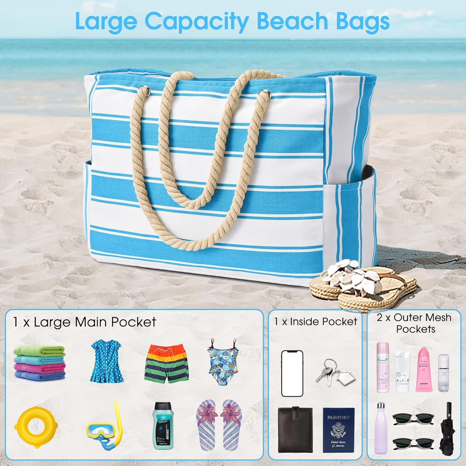 Beach Bag Waterproof Canvas Tote – Large Beach Tote with Zipper