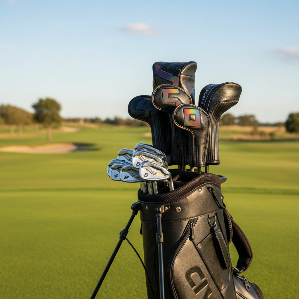 Black golf iron covers in golf context