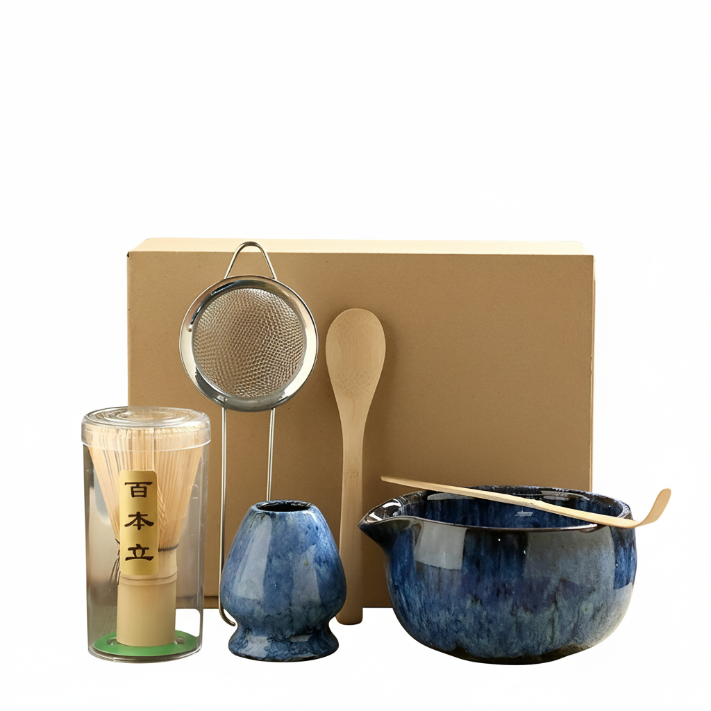 Blue matcha set with box on white background