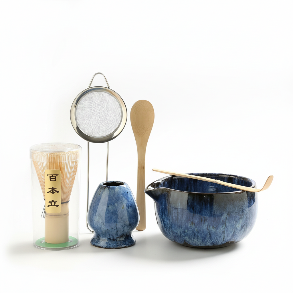 Blue matcha set with white background