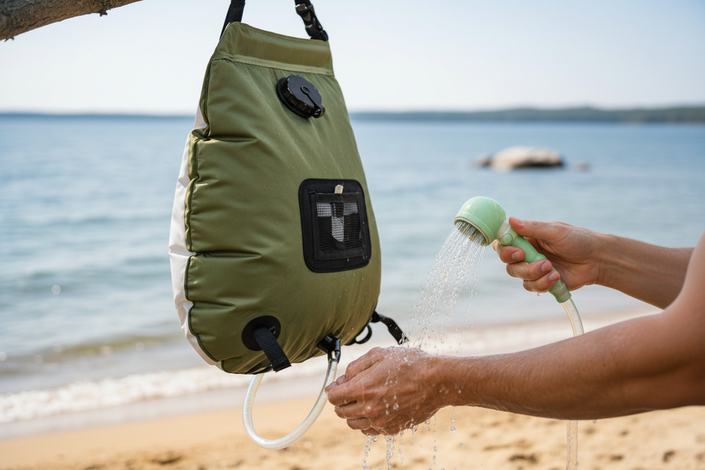 Camping shower in use - beach background