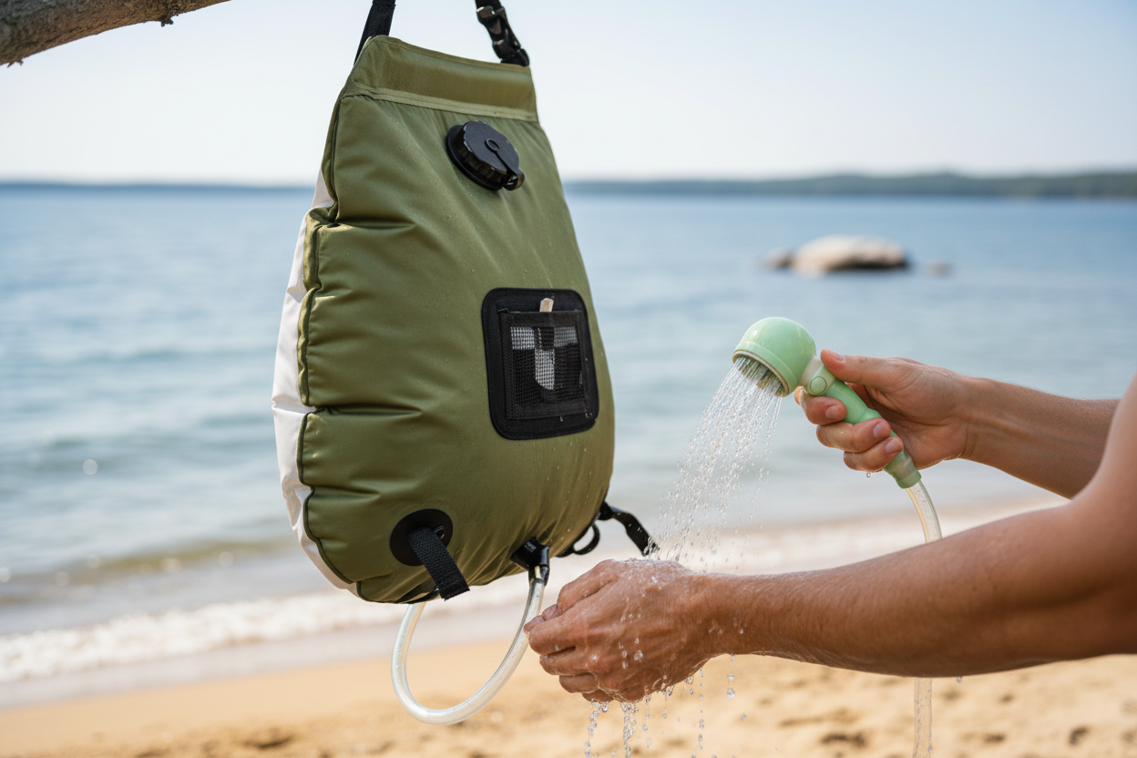 Camping shower in use - beach background
