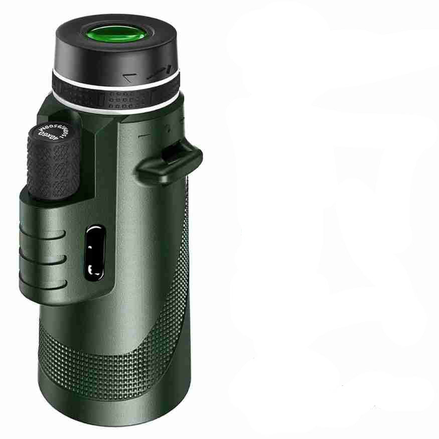 Green monocular with labeled features on a white background