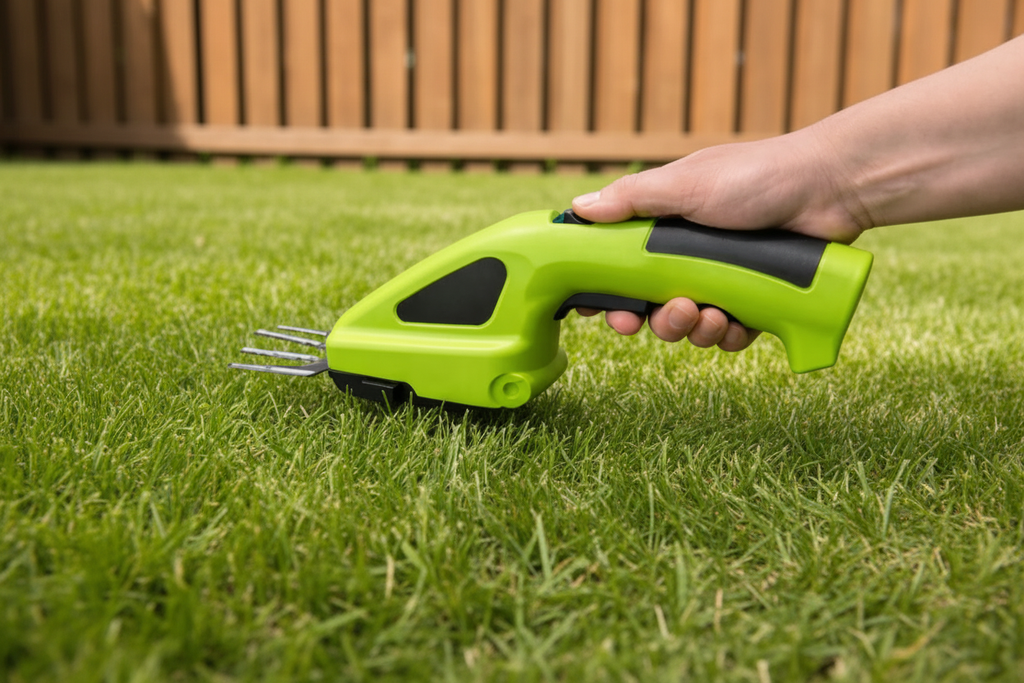 Cordless grass trimmer in use - backyard background