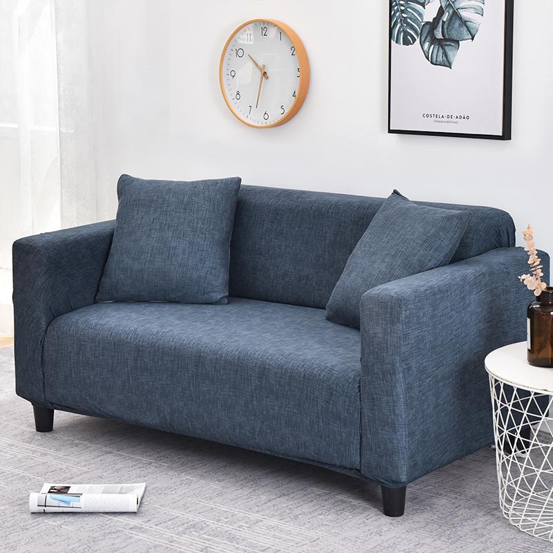 Denim Blue Stretch Sofa Cover — Heathered Knit Slipcover with Elastic Hem & Foam Tucks (1–4 Seater)