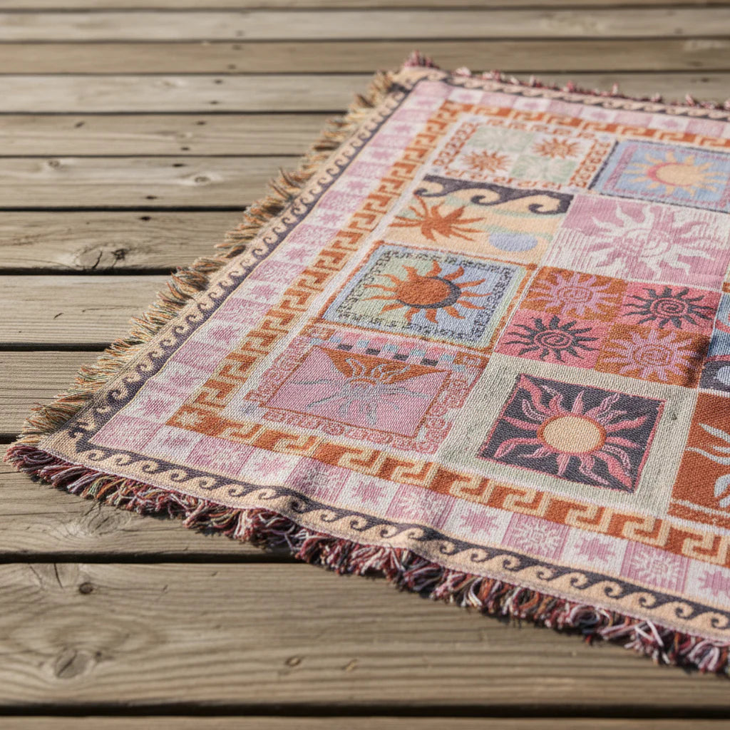 Boho Outdoor Garden  Rug with Fringe – Decorative Picnic Blanket for Patio, Lawn or Balcony
