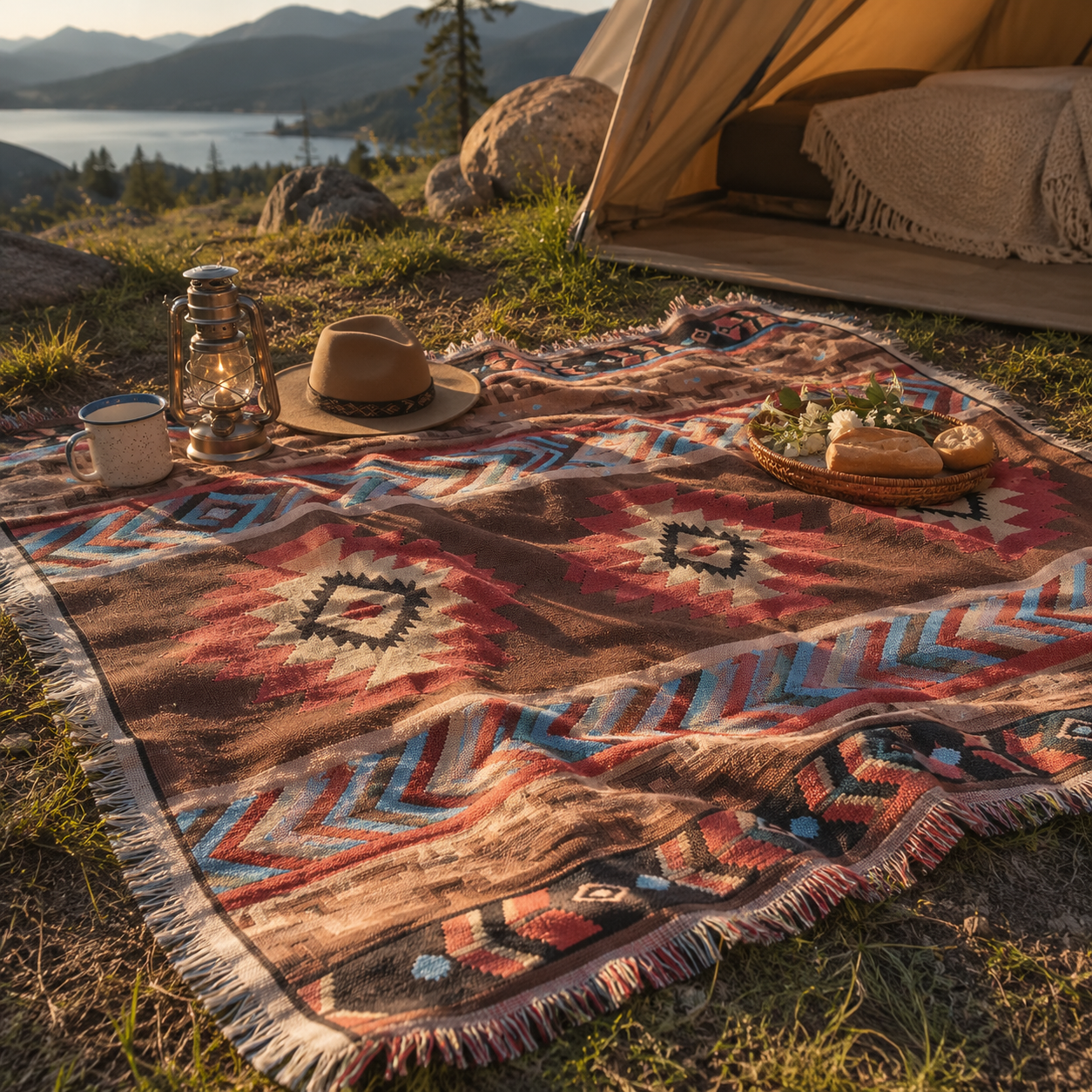 Boho Picnic & Camping Blanket – Outdoor Beach Tapestry Throw with Fringe
