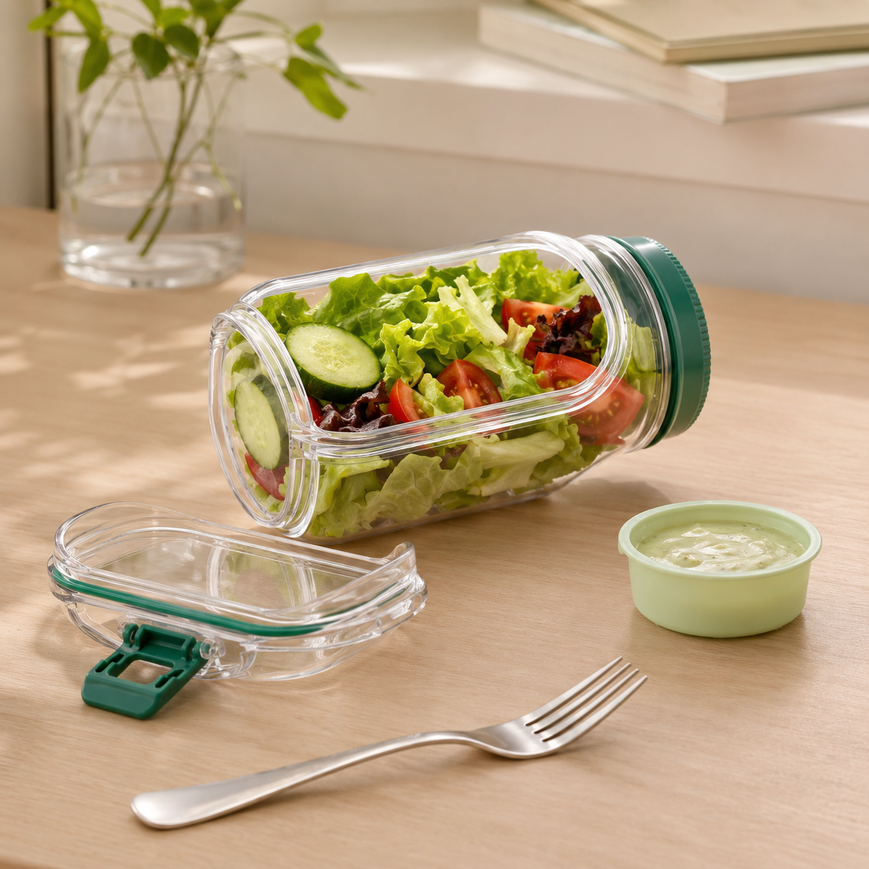 Lunch Container – Salad Jar with Side Opening and Dressing Cup