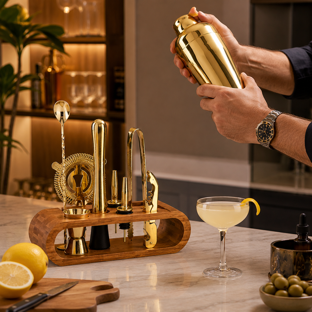 Cocktail Shaker Set – 10-Piece Bar Tools with Bamboo Stand