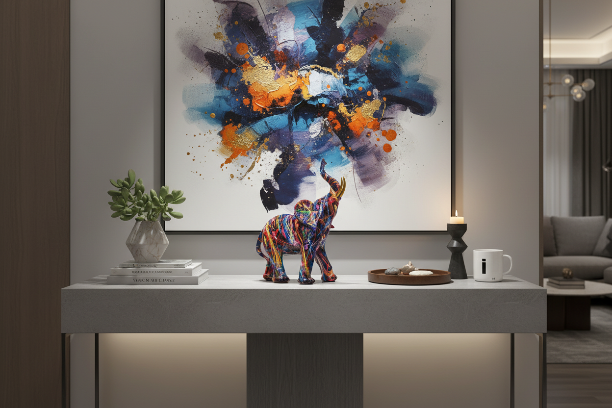 Elephant on console with art