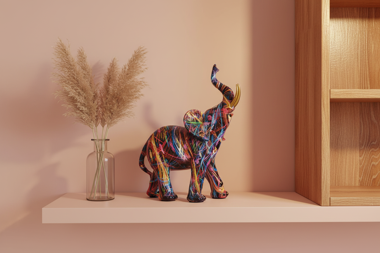 Elephant on pink wall shelf