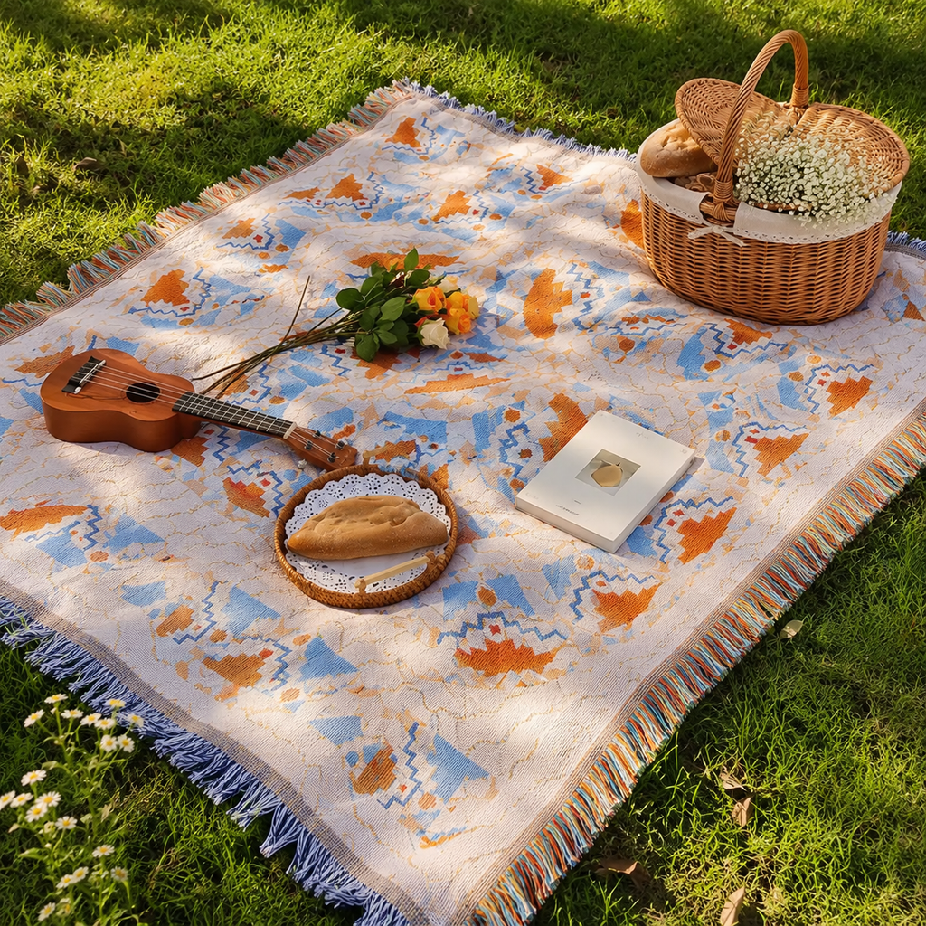 Boho Picnic & Camping Blanket – Outdoor Beach Tapestry Throw with Fringe