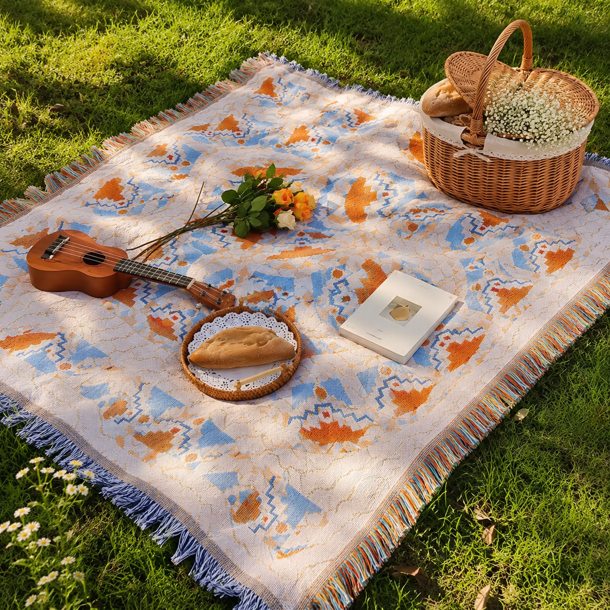 Boho Picnic & Camping Blanket – Outdoor Beach Tapestry Throw with Fringe