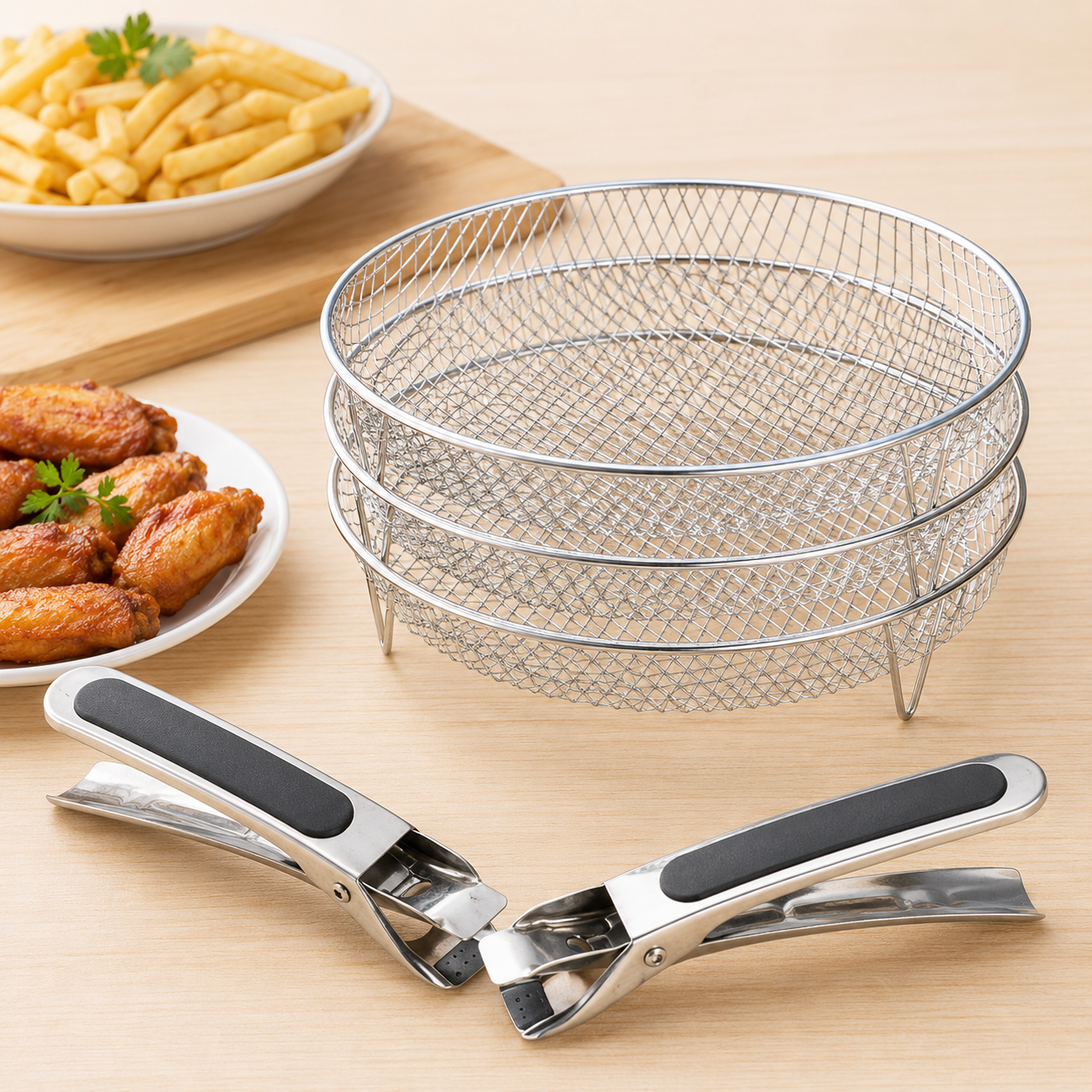 Air Fryer Basket – Stackable Stainless Steel, 3 Pieces, with Anti-Scald Clip
