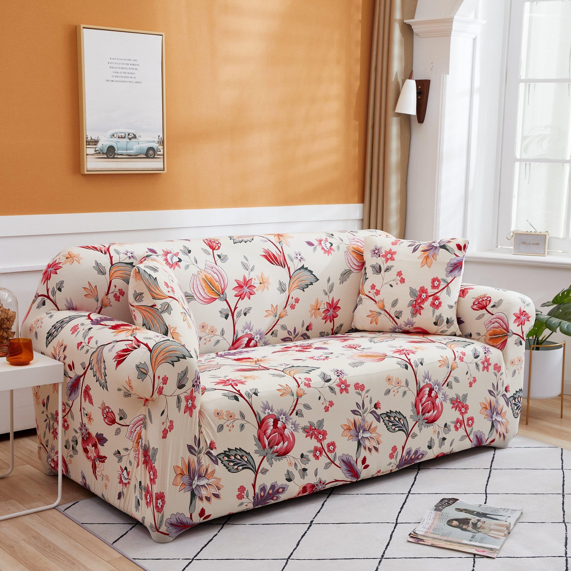 Floral Stretch Sofa Cover — Botanical Print, Machine-Washable Slipcover with Elastic Hem (1–4 Seater)