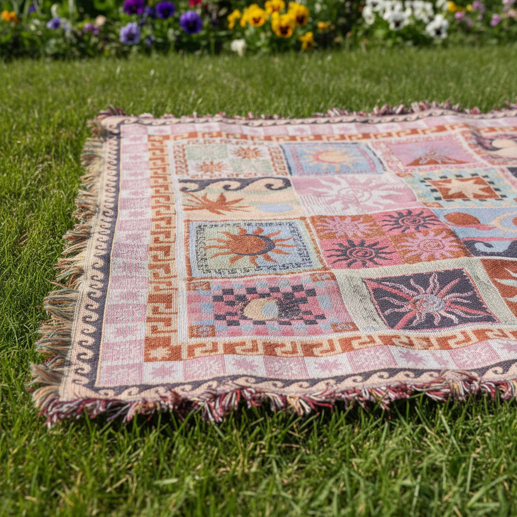 Boho Outdoor Garden  Rug with Fringe – Decorative Picnic Blanket for Patio, Lawn or Balcony