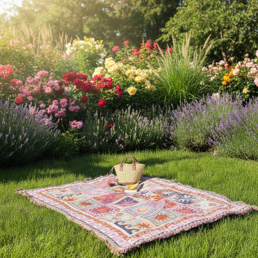 Boho Outdoor Garden  Rug with Fringe – Decorative Picnic Blanket for Patio, Lawn or Balcony