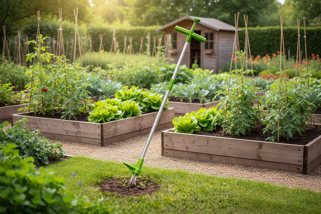 Garden weeding tool - realistic vegetable garden background