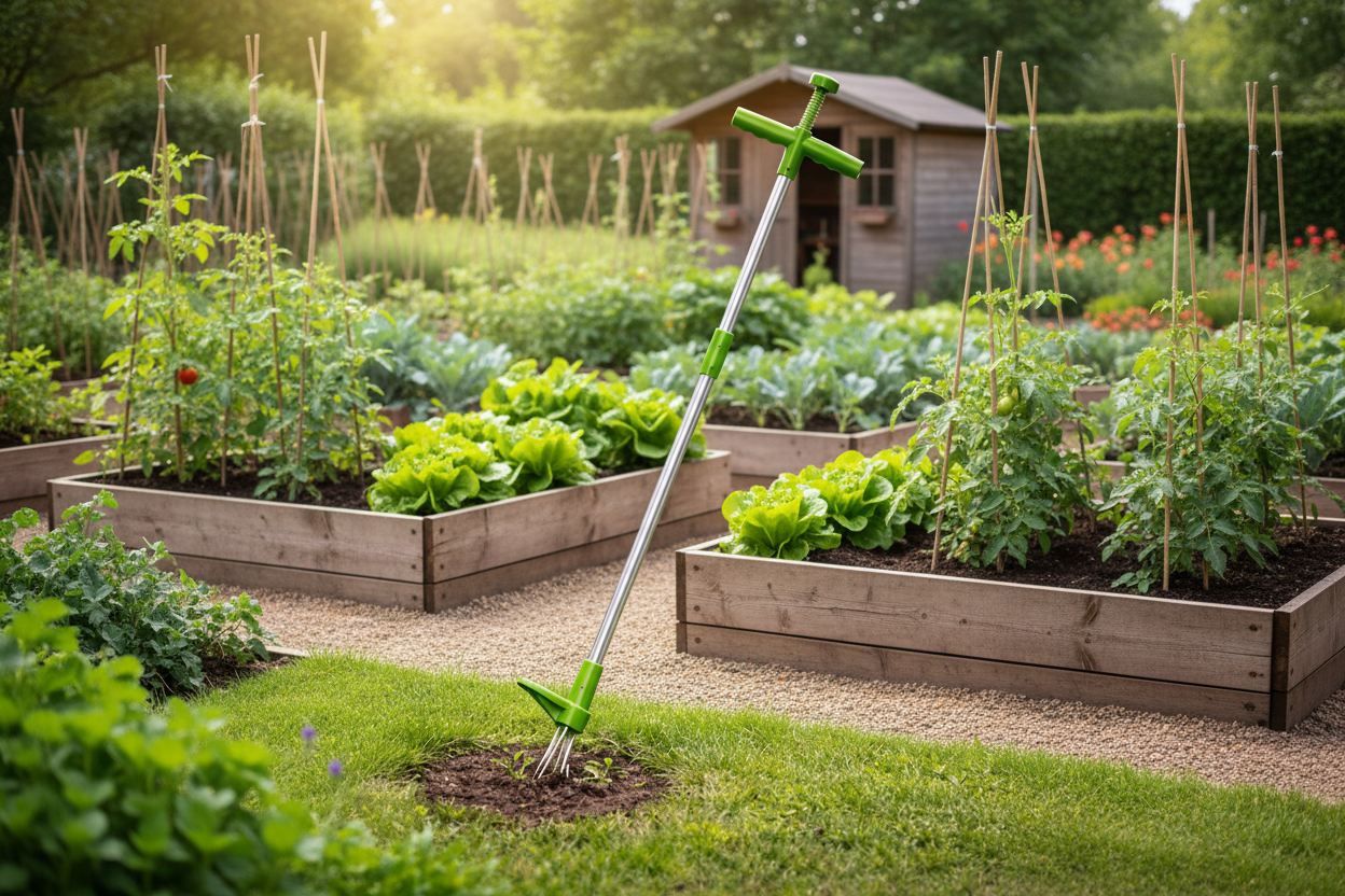 Garden weeding tool - realistic vegetable garden background
