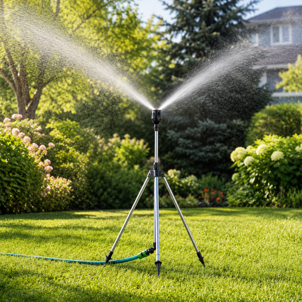 Garden Sprinkler with Tripod Stand – Adjustable Rotating Lawn Sprinkler