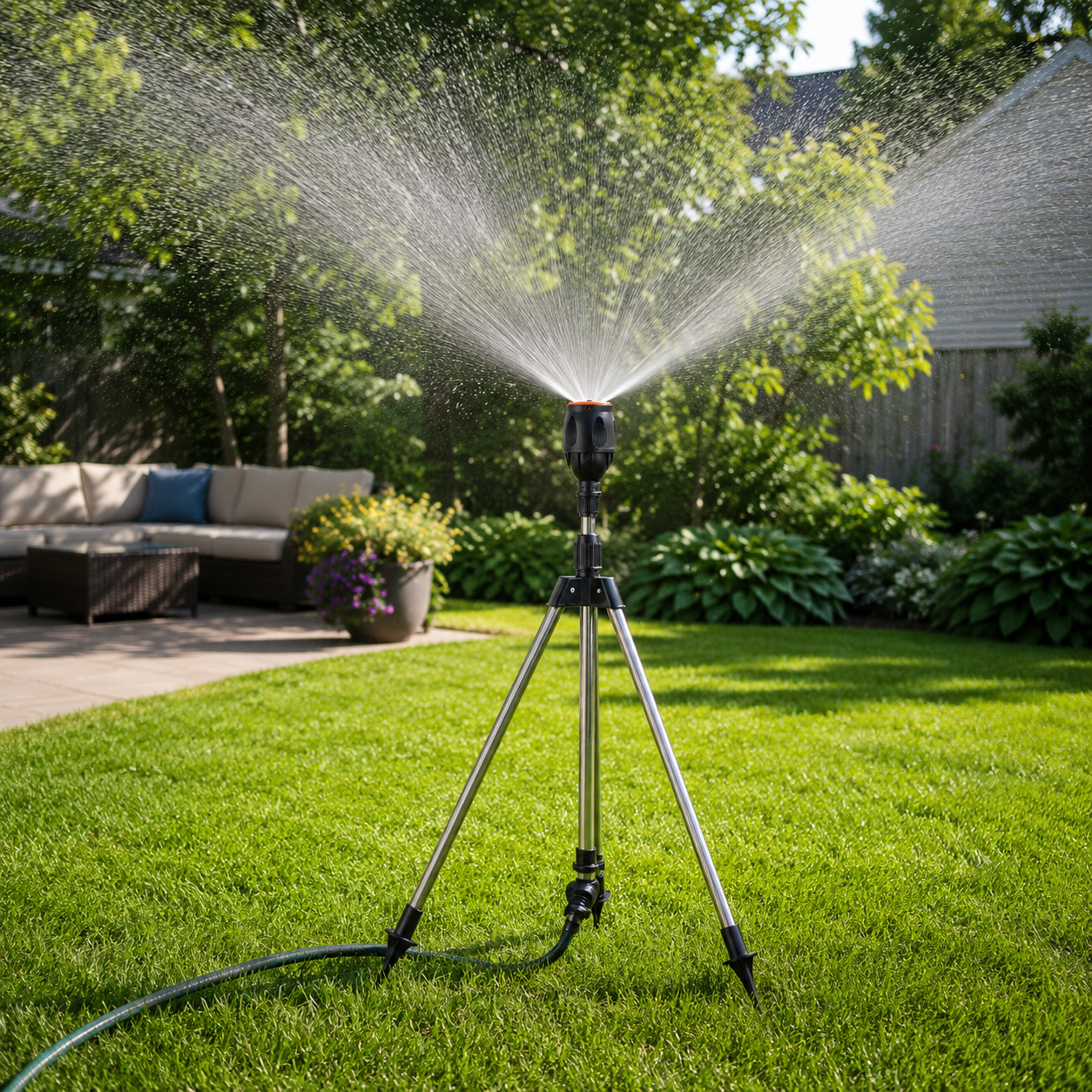 Garden Sprinkler with Tripod Stand – Adjustable Rotating Lawn Sprinkler