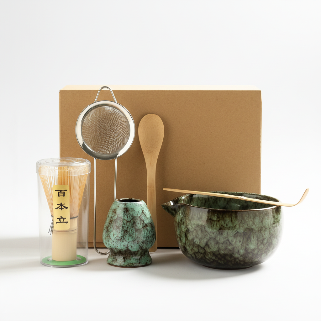 Green matcha set with box on white background