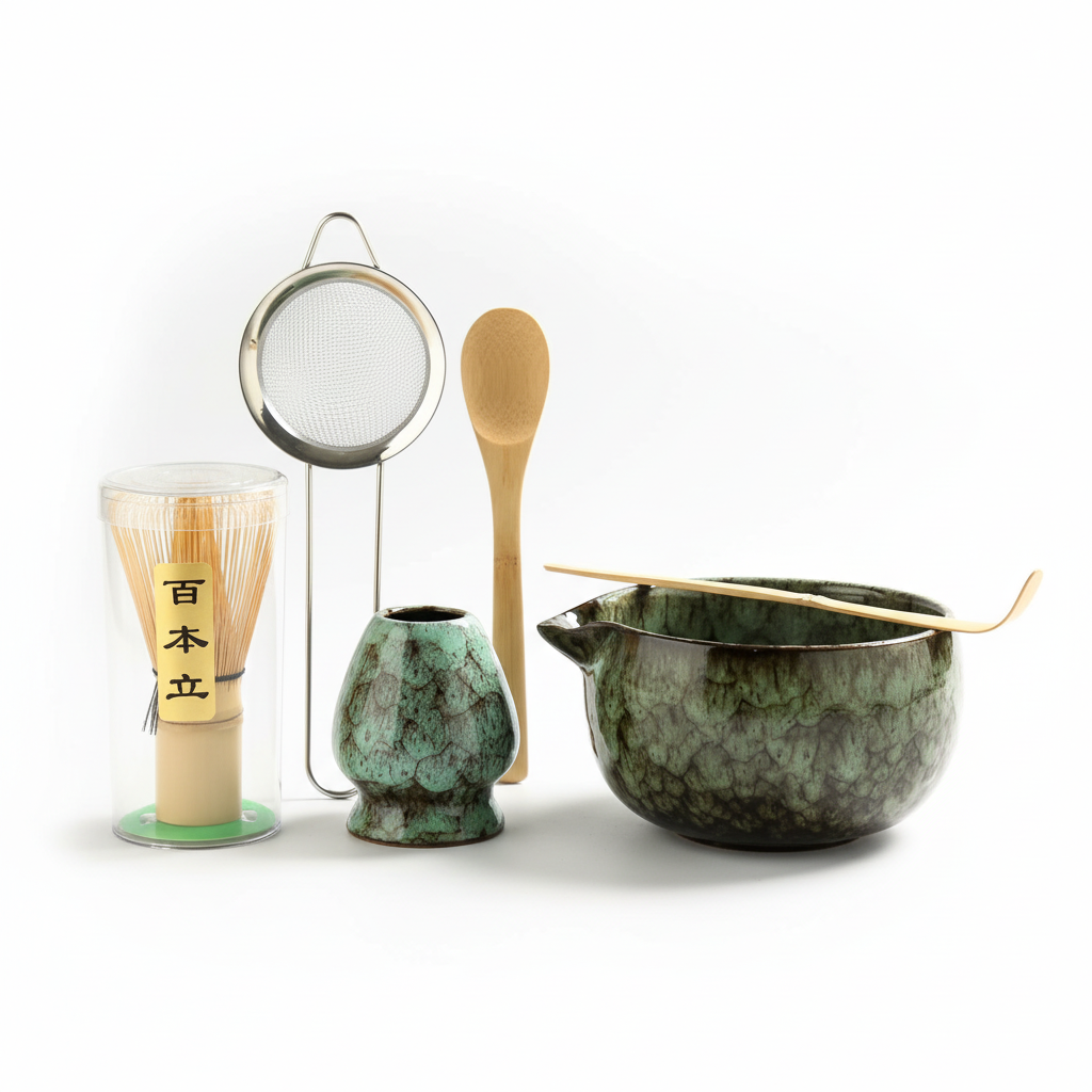 Green matcha set with white background