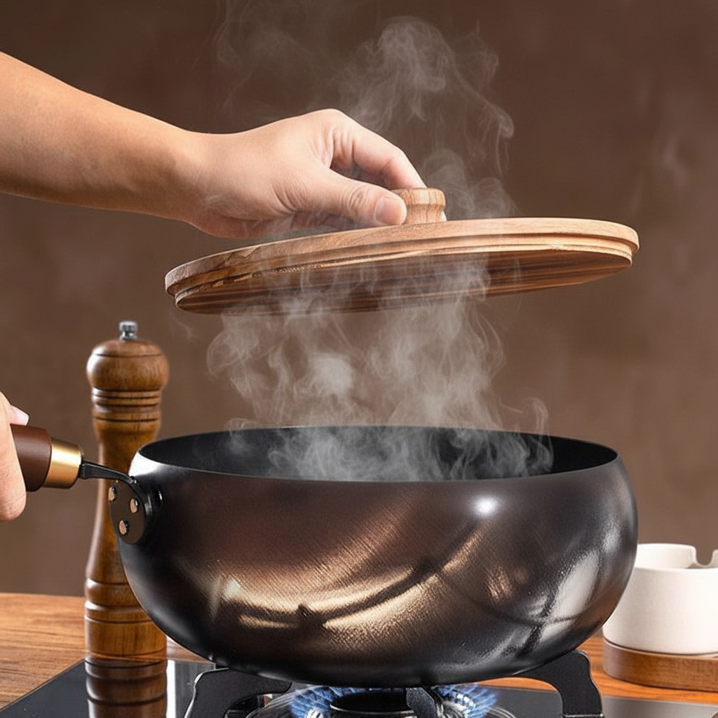 Iron Pan Steam Wooden Lid