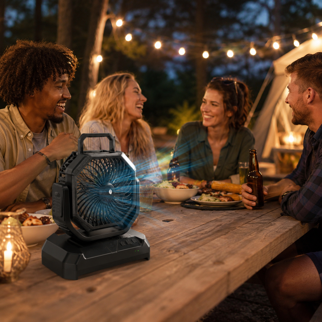 Portable Misting Fan – Rechargeable Camping Fan with LED Light & Remote