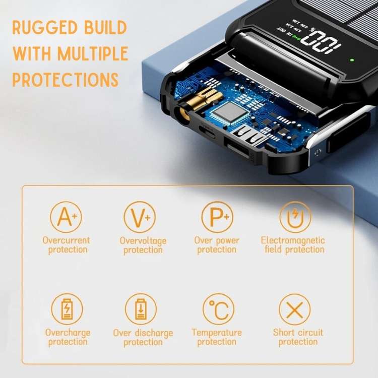 Solar Power Bank 10000mAh – Portable Charger with Flashlight & Compass