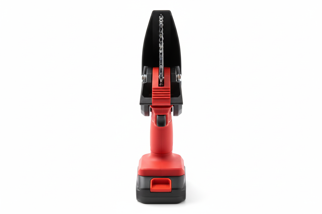 Red and black cordless chainsaw from alternate angle