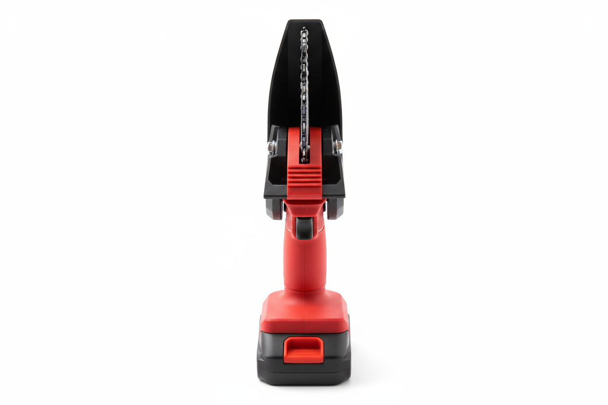 Red and black cordless chainsaw from alternate angle