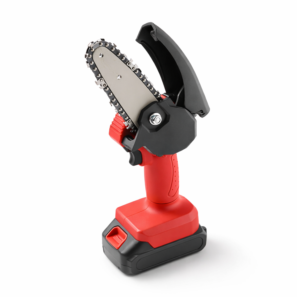 Red and black chainsaw on a white background