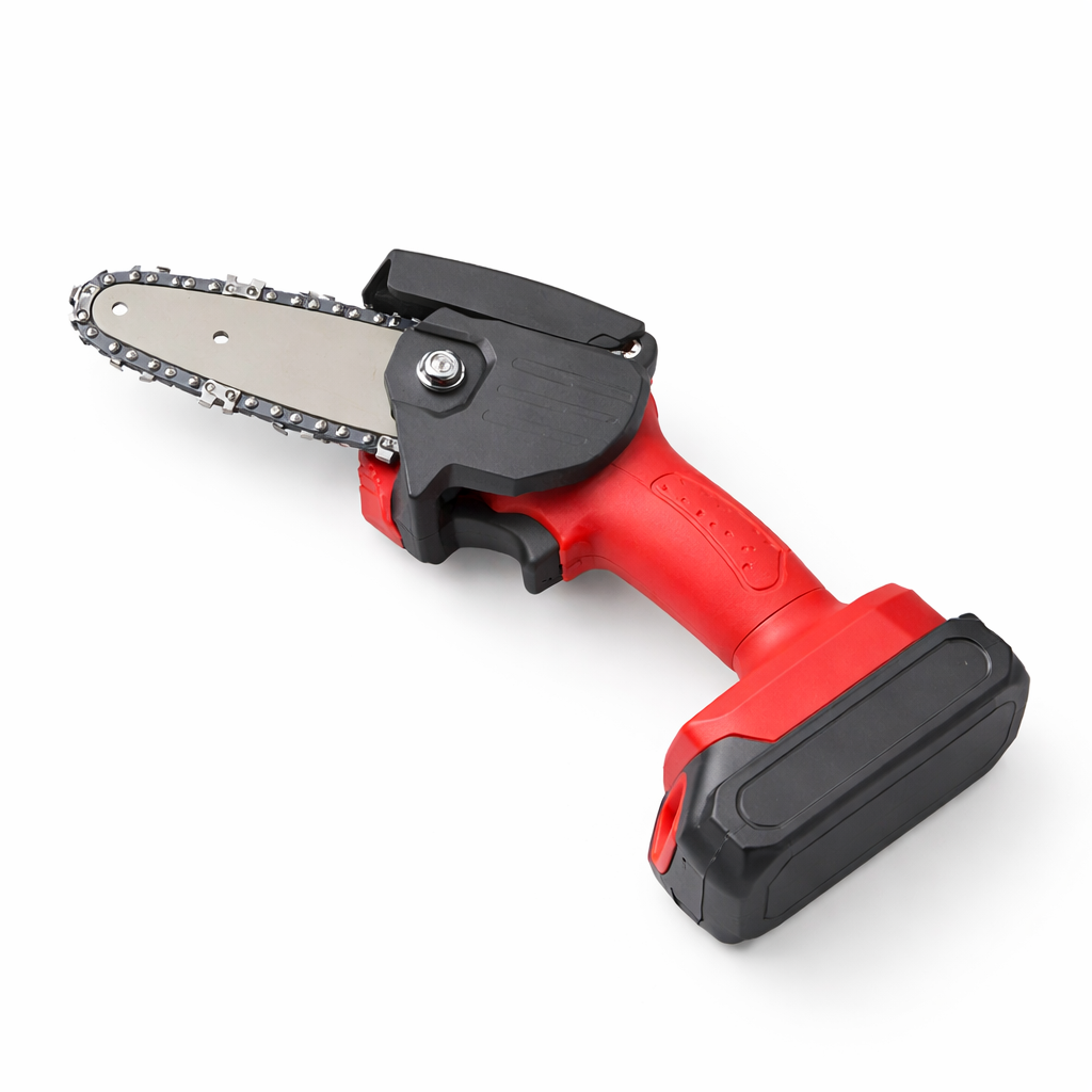 Red and black chain saw on a white background