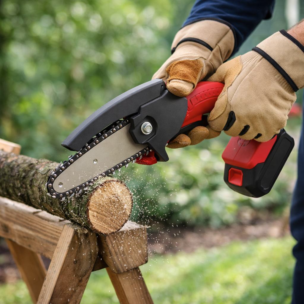 Person using a chainsaw to cut a log with a blurred green background