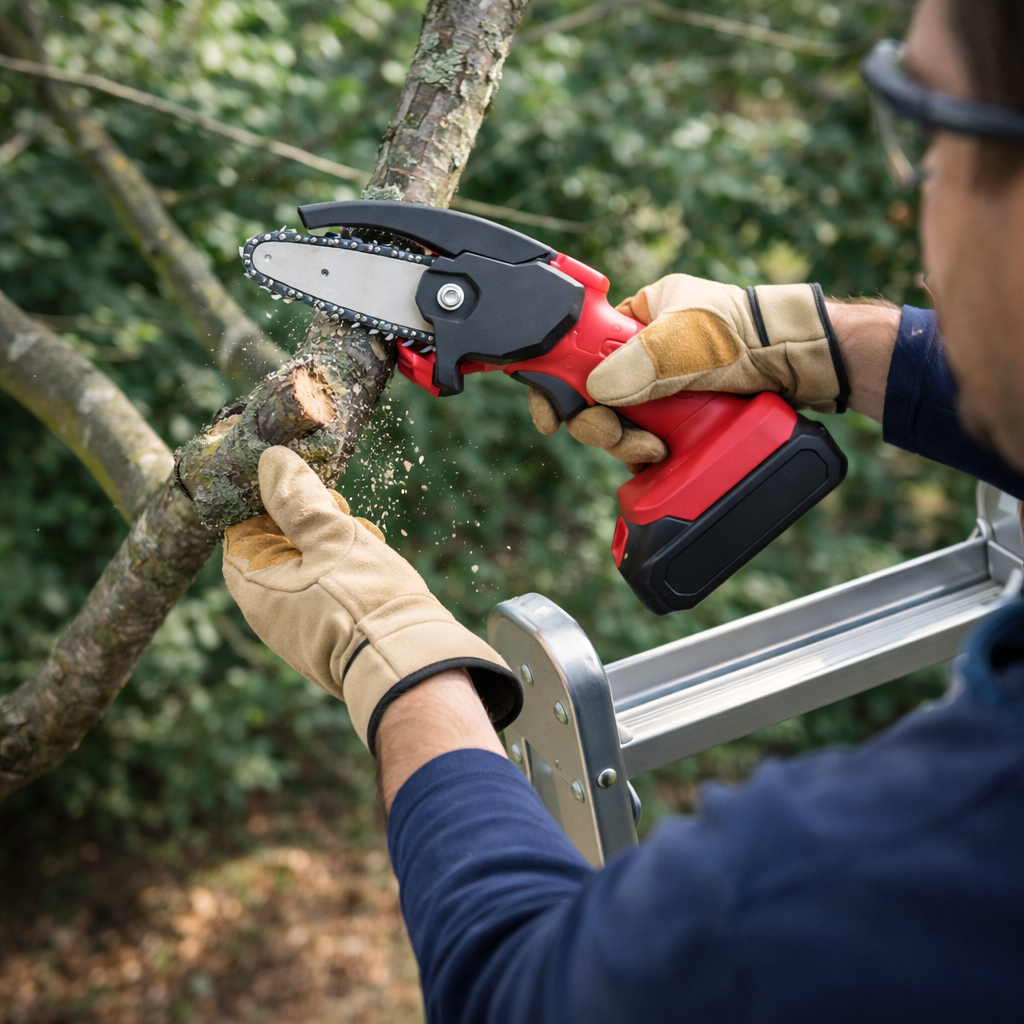 Person using a cordless tree pruner to cut a branch outdoors.