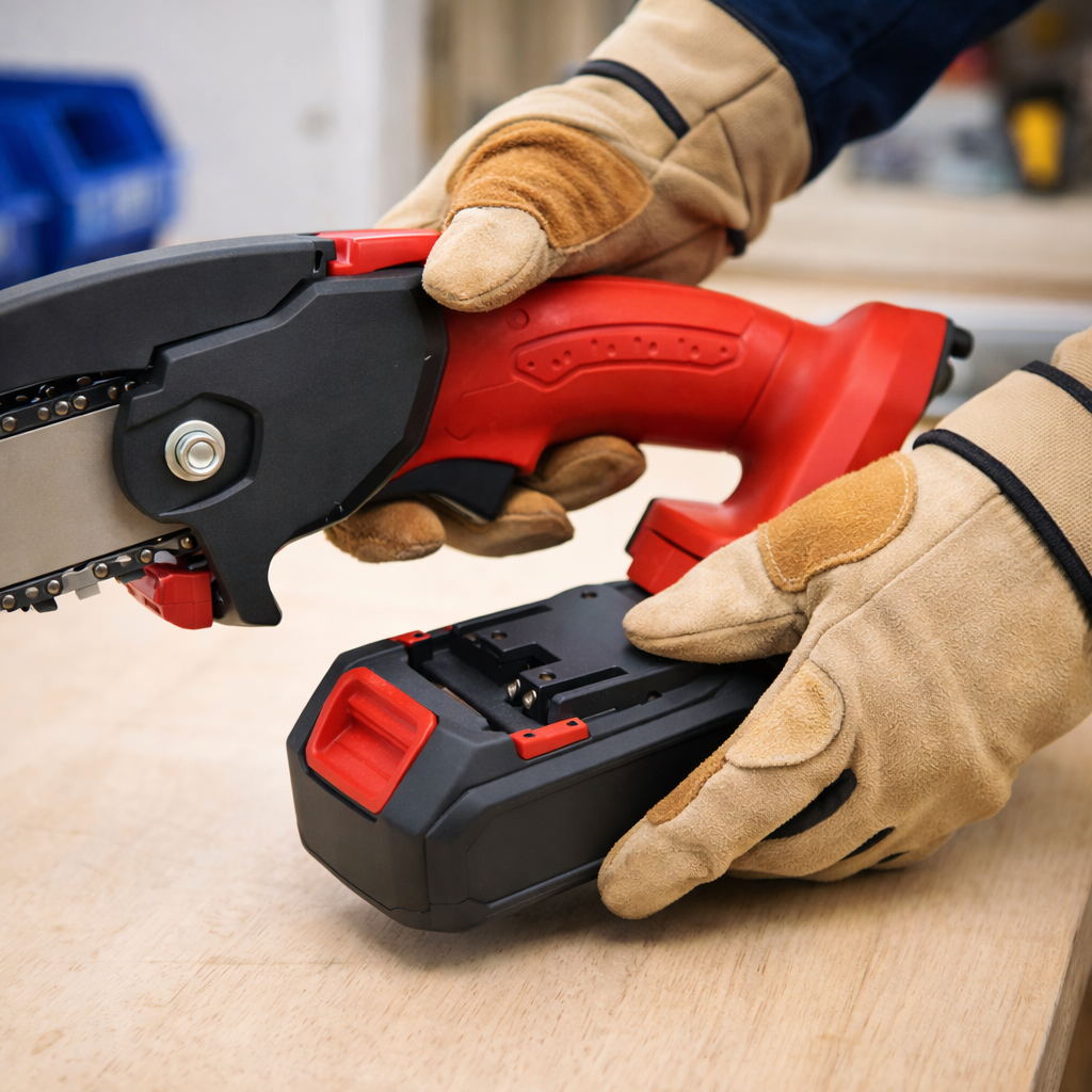 Person wearing gloves holding a red and black power tool on a wooden surface