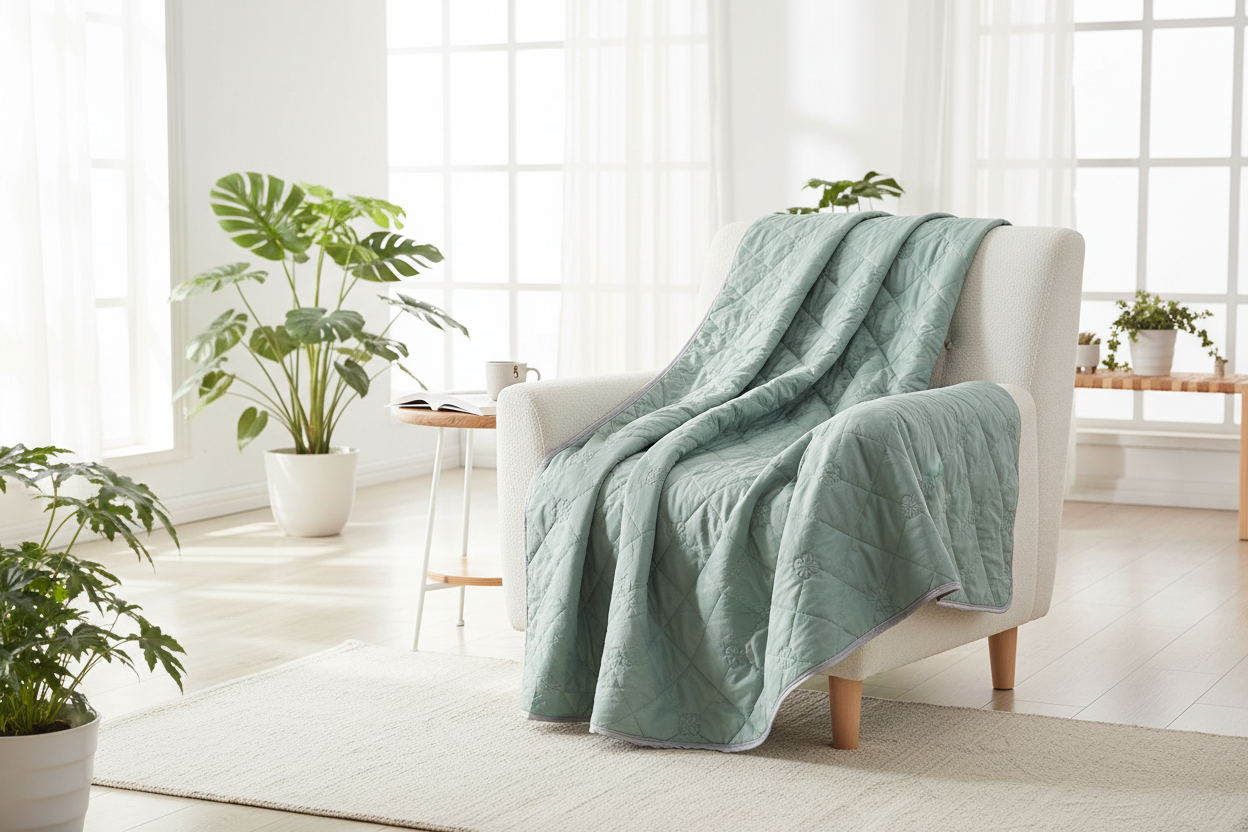 Sage green blanket on armchair