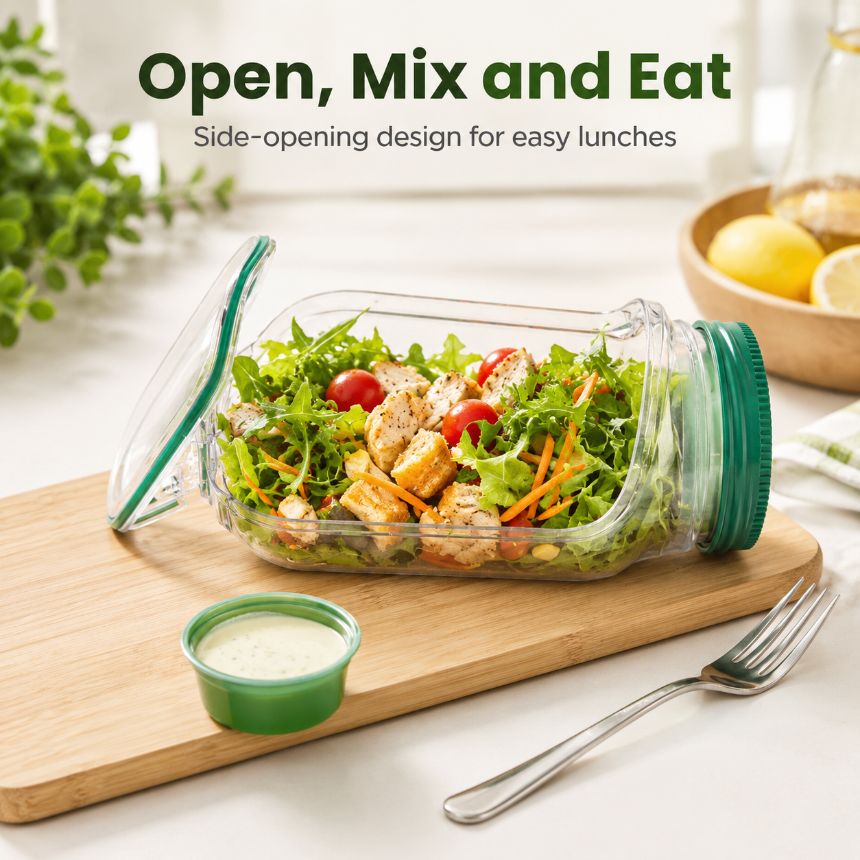 Lunch Container – Salad Jar with Side Opening and Dressing Cup
