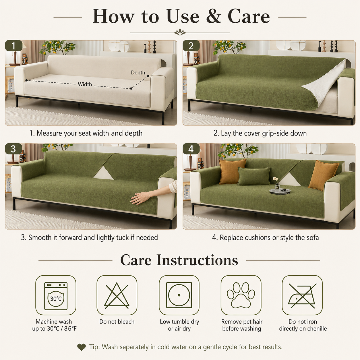Sofa Cover – Non-Slip Washable Chenille Couch Protector