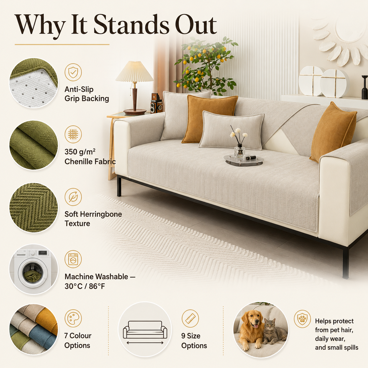 Sofa Cover – Non-Slip Washable Chenille Couch Protector