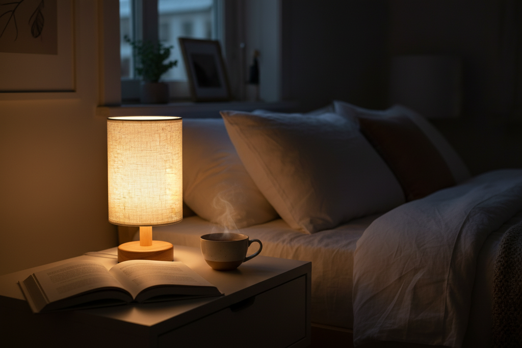 Linen Table Lamp – bedroom night setting – Homi Goods