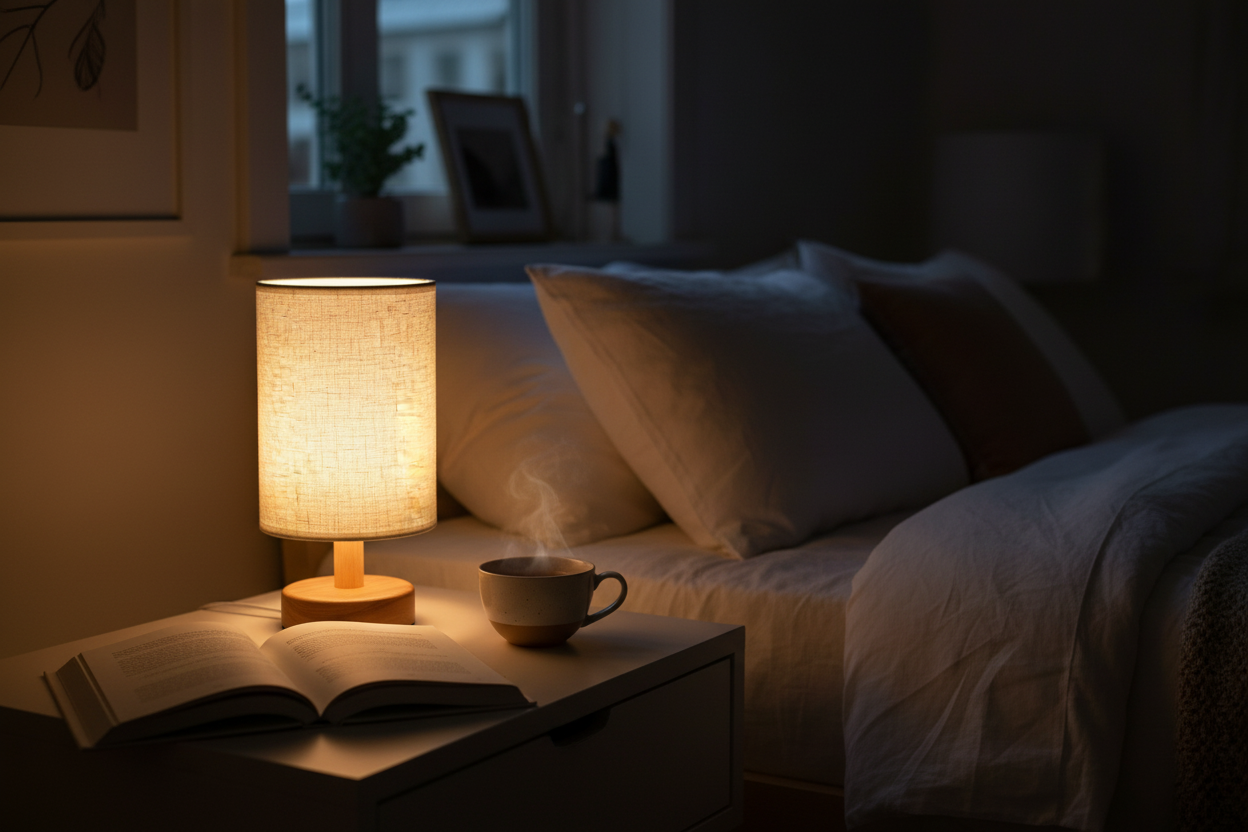 Linen Table Lamp – bedroom night setting – Homi Goods
